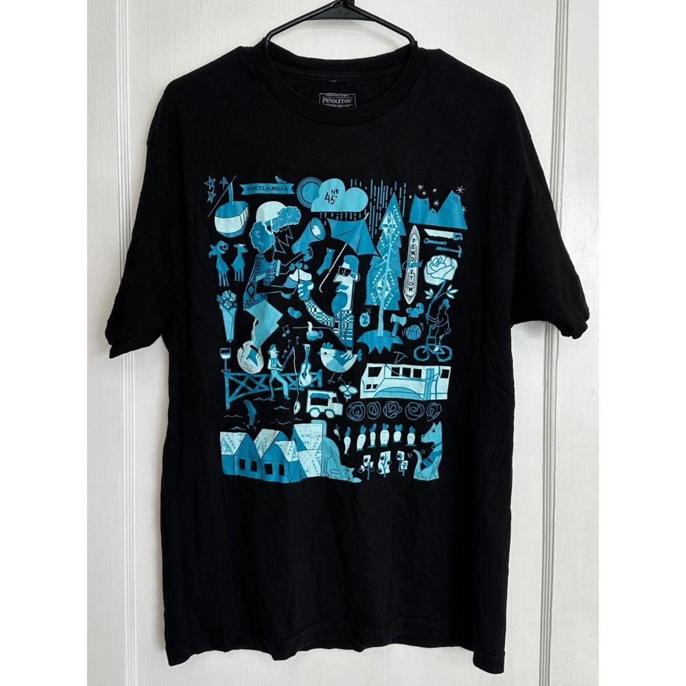 Pendleton Size M Black Teal Blue Portlandia Portland, OR Graphic T-Shirt